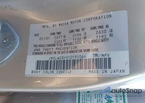 2001 Mazda Mpv Dx/Es/Lx z USA, uszkodzony, nr VIN JM3LW28YX10191064